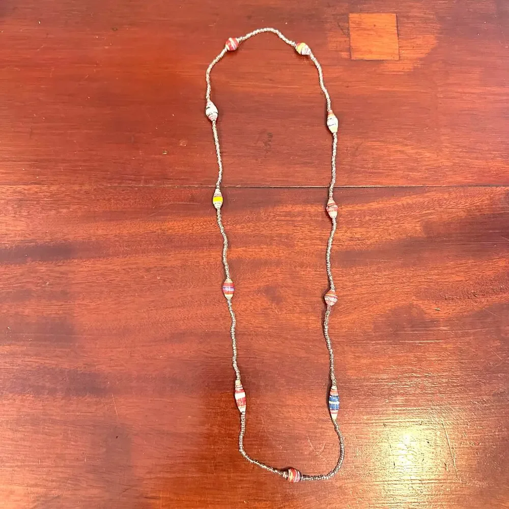 Beaded Necklace Long continuaus loop paper seed bead casual coastal jewelry